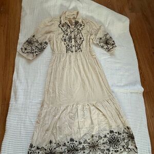Anthropologie Beige Dress with Black Embroidery new with tag